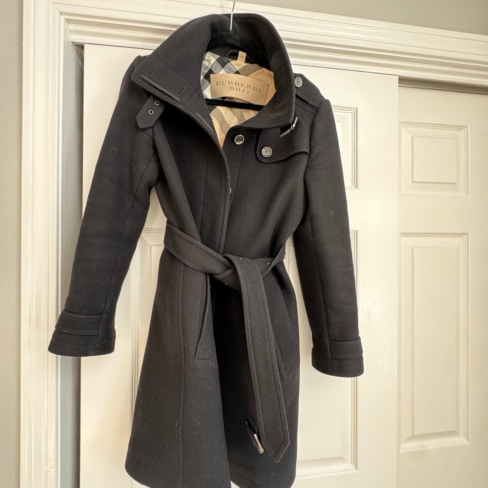 Burberry Brit Black Coat with Check Lining wool size 10 EUC!!!!
